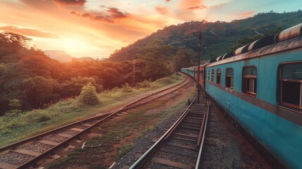 Scenic train travel. railway station in city with beautiful nature and urban landscape