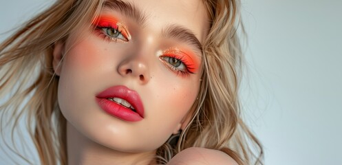Fototapeta premium Beauty, A close-up of an orange eyeshadow and eyeliner makeup look with blonde hair.