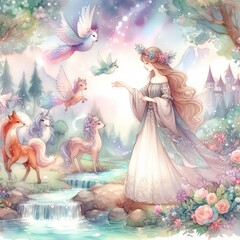 Whimsical watercolor of fairies, unicorn, and dragon with a princess in a vibrant flower field