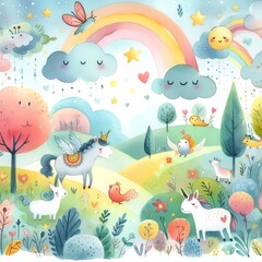 Obraz premium Whimsical Nature Scene: A Colorful Adventure with Mythical Creatures in a Magical Forest
