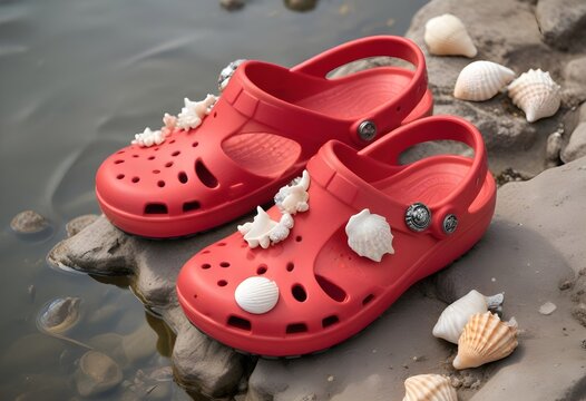  A pair of red crocs-style sandals on a sandy beach, with white seashell decorations on them