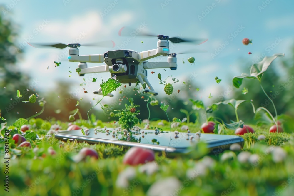 Poster robotic farming with drone technology in isometric vector for advanced farming using pesticide spray