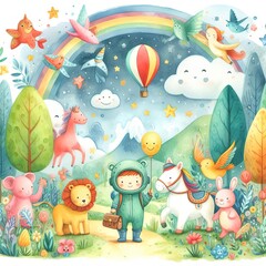 Naklejka premium Astronaut Child’s Whimsical Journey in a Rainbow Wonderland with Smiling Animal Friends