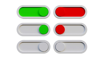 Icon on and fff toggle switch button. On and off switches. Slider button. Set for mobile application or website.