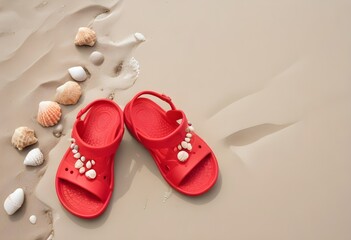  A pair of red crocs-style sandals on a sandy beach, with white seashell decorations on them