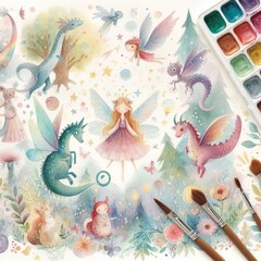 Whimsical watercolor of fairies, unicorn, and dragon with a princess in a vibrant flower field