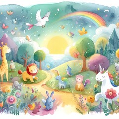 Whimsical Nature Scene: A Colorful Adventure with Mythical Creatures in a Magical Forest