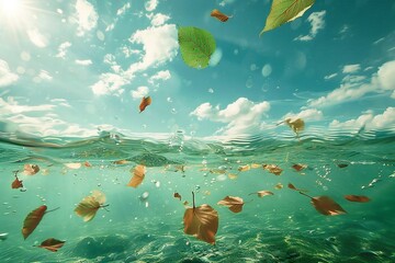 Abstract expressionist art style , seawater in the air with floating leaves