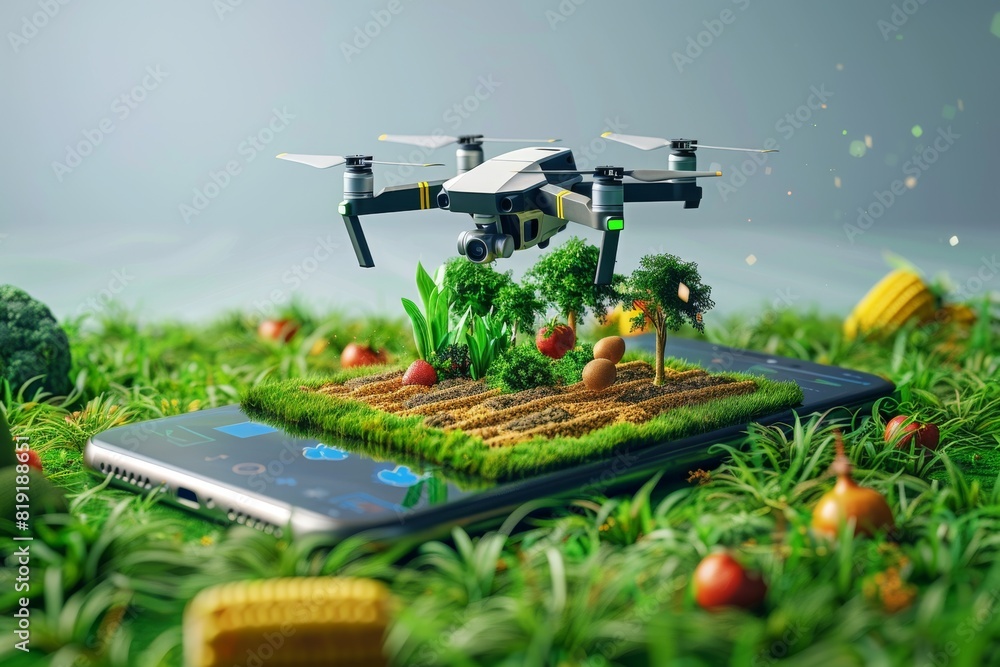 Poster isometric vector in agriculture automation for pesticide spraying using drone technology in advanced
