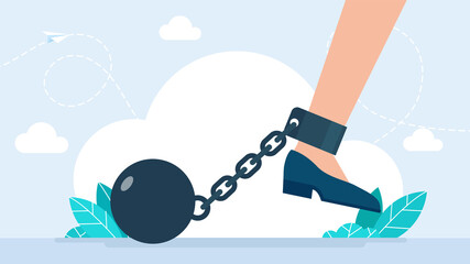 Female leg in chain and shackles. Woman leg with heavy ball. A woman, bound by a weight in the form of kettlebel. Domestic violence, abuse, inequality and business discrimination. Flat illustration