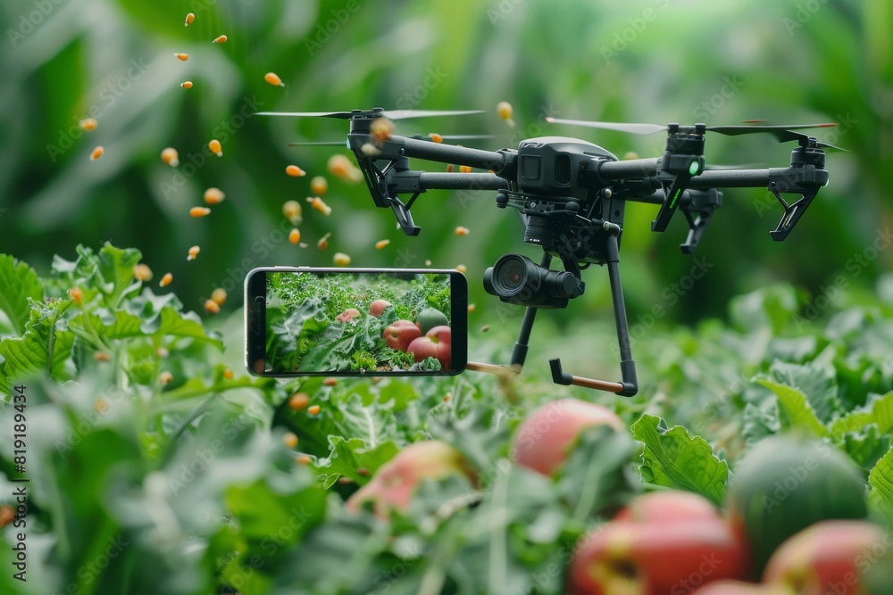 Poster isometric vector in agriculture automation for pesticide spraying using drone technology in advanced