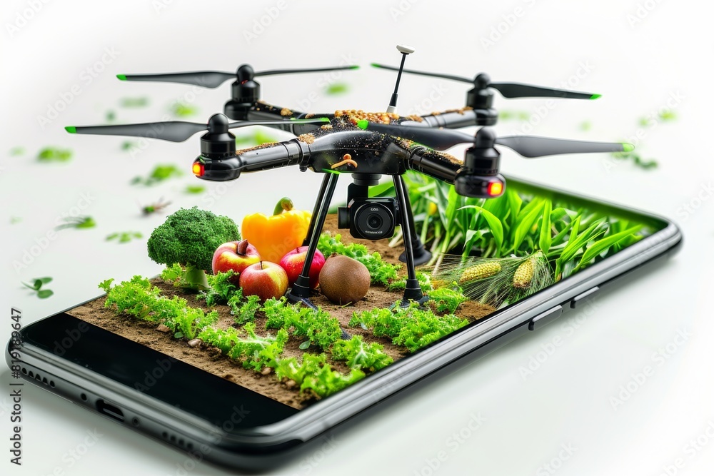 Poster isometric vector in agriculture automation for pesticide spraying using drone technology in advanced