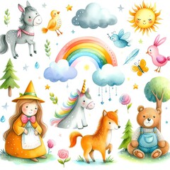 Naklejka premium Whimsical Nature Scene with Magical Creatures and Elements in a Vibrant, Colorful Fantasy Setting