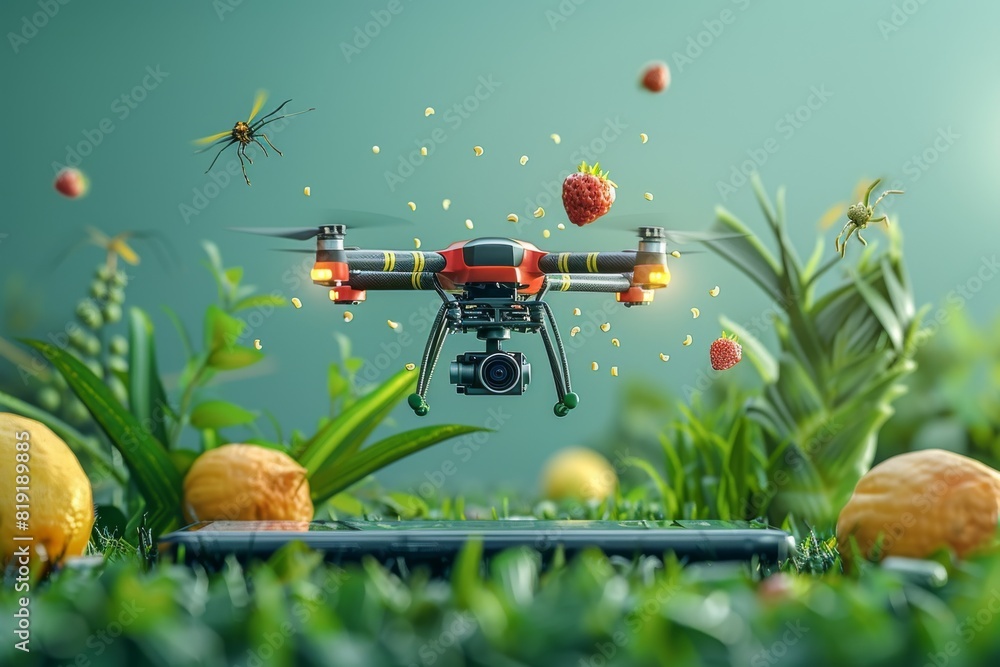 Poster isometric vector in agriculture automation for pesticide spraying using drone technology in advanced
