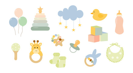 Newborn accessories set. Baby care items, booties, toys, milk bottles and rattles, pacifier. Maternity and childhood things. Vector illustration in flat style.