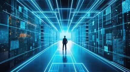 Businessman walking in futuristic server room with binary code. Technology concept