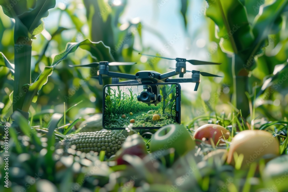 Poster isometric vector in agriculture automation for pesticide spraying using drone technology in advanced