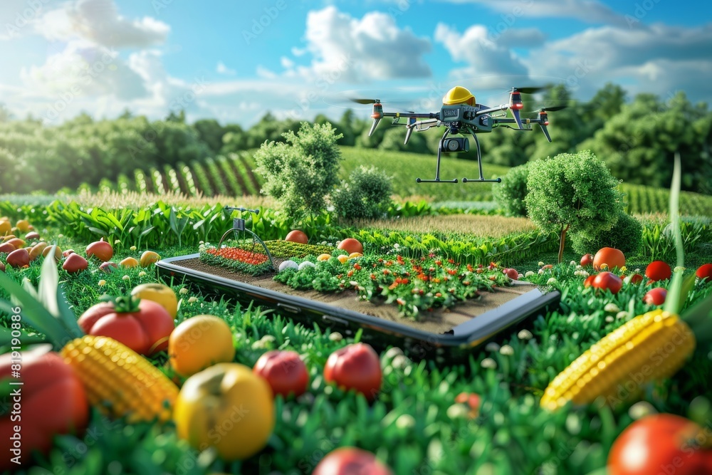 Poster isometric vector in agriculture automation for pesticide spraying using drone technology in advanced