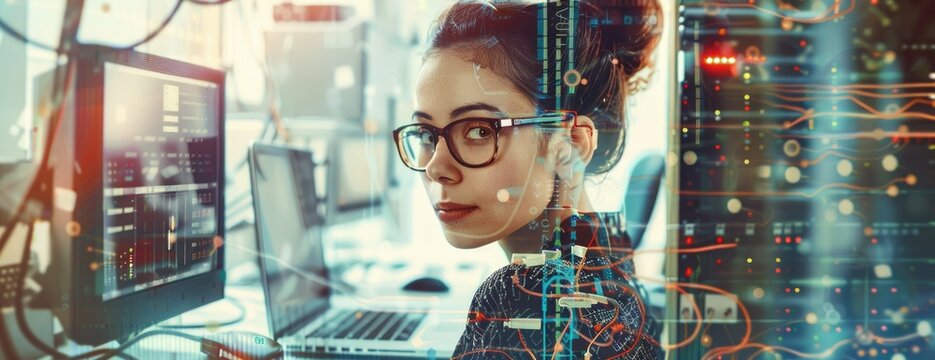 The photo shows a young woman wearing glasses and looking at a computer screen. She is surrounded by computer code. The photo is taken from a low angle, making her look powerful and confident. The
