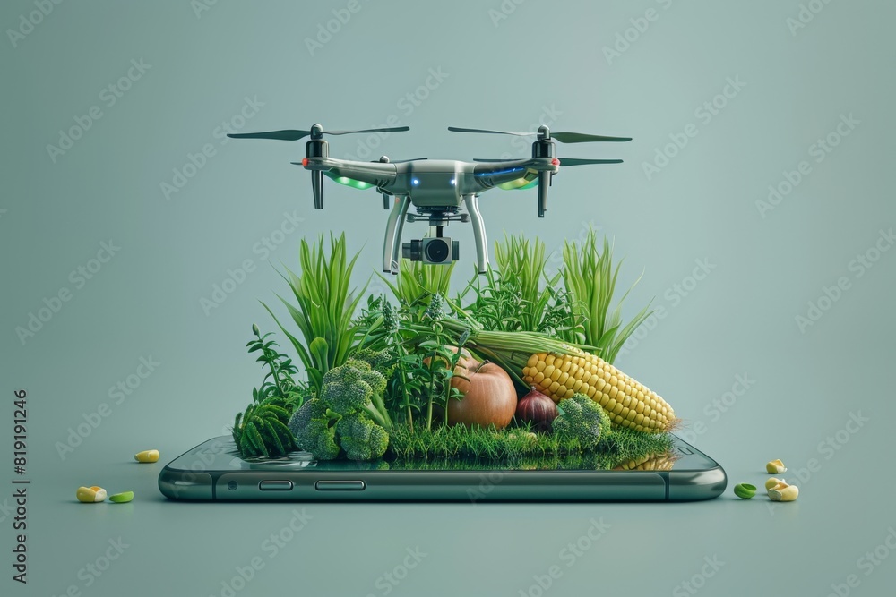Poster isometric vector in agriculture automation for pesticide spraying using drone technology in advanced
