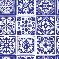 Various square Tiles seamless pattern. Different blue ornaments. Traditional mediterranean style. Hand drawn. Ceramic tiles. Vector illustration isolated on background. 