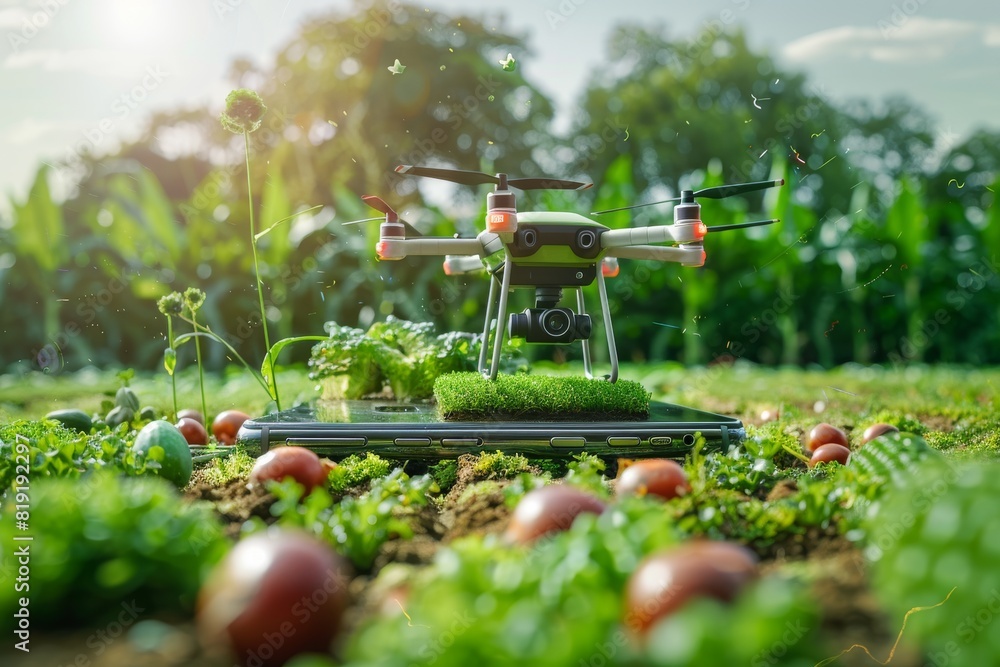 Poster advanced farming with pesticide spraying in agriculture automation using isometric vector for crop h