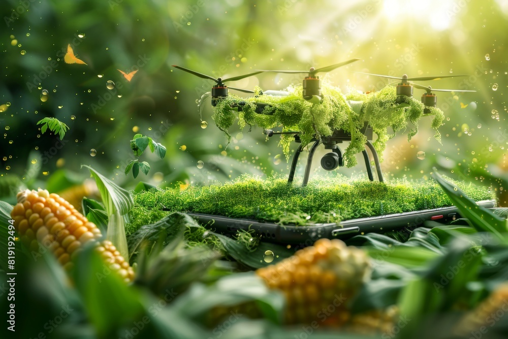 Poster pesticide spraying in agriculture automation with isometric vector for advanced farming using drone 