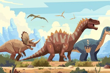 A group of dinosaurs walking in a field. Suitable for educational materials