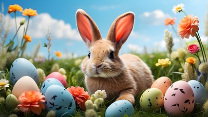 In a cheerful meadow, Easter eggs and a paper rabbit are surrounded by flowers and plants. The grass and petals are part of the natural scenery beneath a clear blue sky.