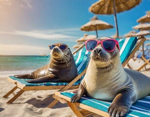 Seehunde liegen mit Sonnenbrillen auf Liegestühlen am Strand