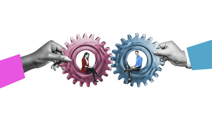 Human hands joining gear wheels together as effective unity and productive teamwork concept...