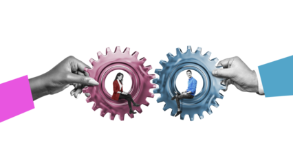 Human hands joining gear wheels together as effective unity and productive teamwork concept isolated on free png background. Business people joining gears . Flat designed concept.