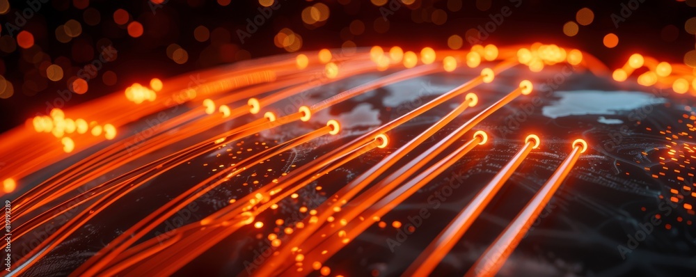 Aufkleber 3d rendering of the earth with glowing orange fiber optic cables connecting the whole world, represe
