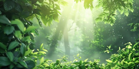 A green forest with fog and sunlight shining through the leaves