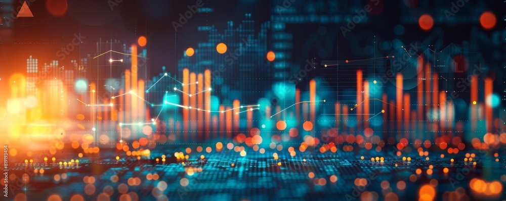 Aufkleber business graph and financial chart with glowing data on blue background, ai technology concept. big 