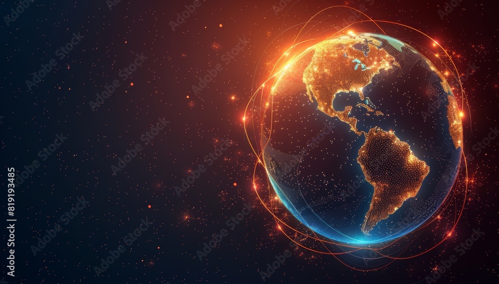 Aufkleber Digital earth globe, glowing digital world map with data and global network connections on dark background, tech concept for internet technology or business exchange