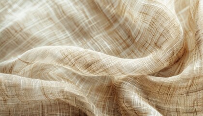 A close-up shot of beige linen fabric with a visible weave and texture, emphasizing the softness...