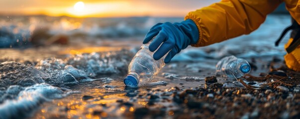 A person in yellow jacket and blue gloves picking up plastic bottle from the beach, closeup of hand with garbage collection on sea shore at sunset, cleaning ocean concept