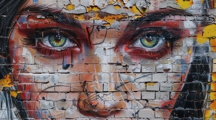 Stylish street graffiti with a woman's face on a brick wall
