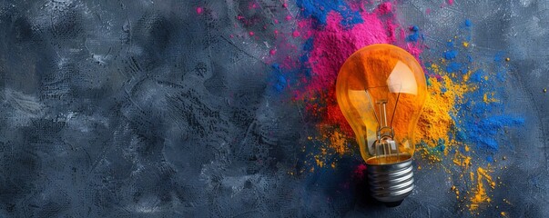 Creative concept of colorful explosion from light bulb, bright idea or inspiration and innovation with copy space for text on grey background.