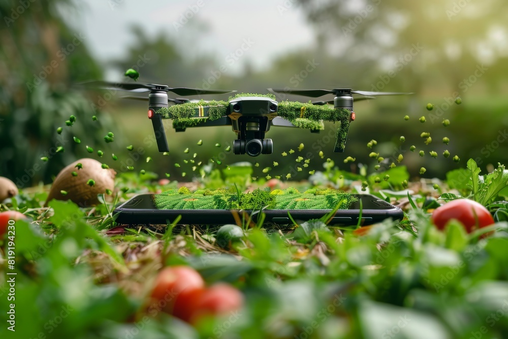 Poster advanced farming using structured farming techniques with drone technology in isometric vector illus