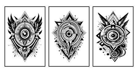 Fototapeta premium Set of 3 Black and white pattern. Minimalist illustration for printing. Geometric background design, abstract cover templates, for tattoos. Generated by Ai