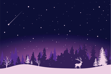 Naklejka premium A fairytale winter landscape. Christmas background. There is a fantastic silhouette of white trees and deer with a dark background. Vector illustration 