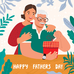 Cartoon illustration with adult daughter congratulating her elderly dad.Happy Fathers Day, poster with cute characters having fun and hugging.Vector design for  postcards,banner template,backgrounds.