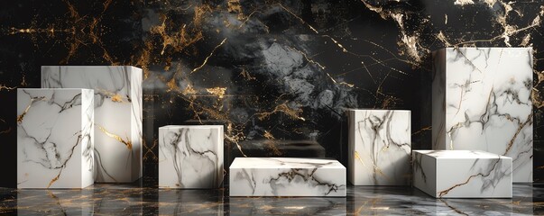 3D rendering of a marble podium with a gold background. The podium is made of white marble with gold veins and has a glossy finish. The background is made of black marble with gold veins