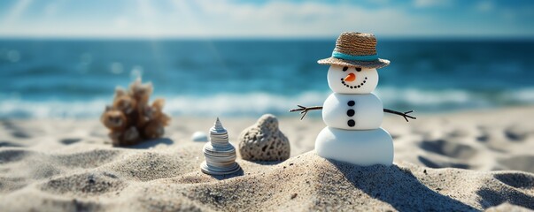 Summertime snowman made of sand focus on surreal Overlay coastal backdrop