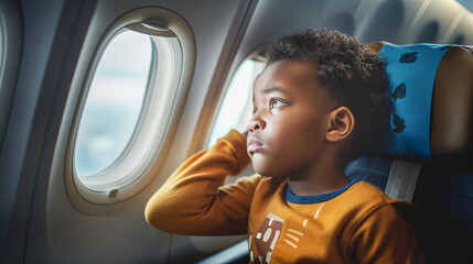 A child has an earache while flying on an airplane. Little African American boy suffering from earache on an airplane. with copy space.