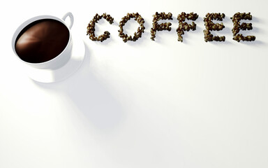 Coffee beans arranged in letters and fresh coffee in a white mug on a white background. Popular caffeine drink. 3d rendering