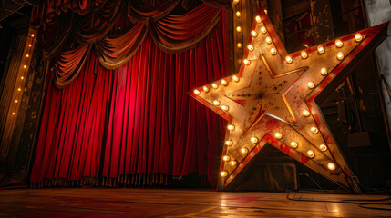 A large star with light bulbs stands on the broadway stage in front of red curtains
