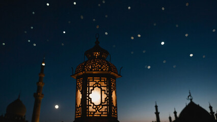 lantern in the sky and moon in the background for eid ul adh